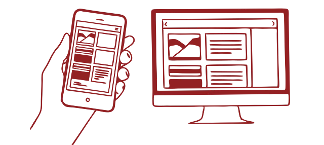 A hand holding a phone; Monitor showing a website