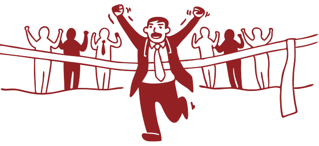 Businessman celebrating; A crowd of people applauding